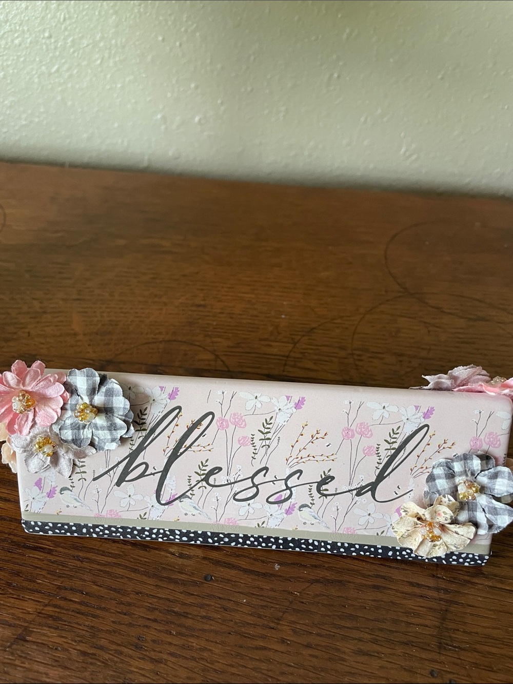 Blessed Ceramic 2-Sided Plaque Embellished with Little Fabric Flowers - Picture 2 of 8